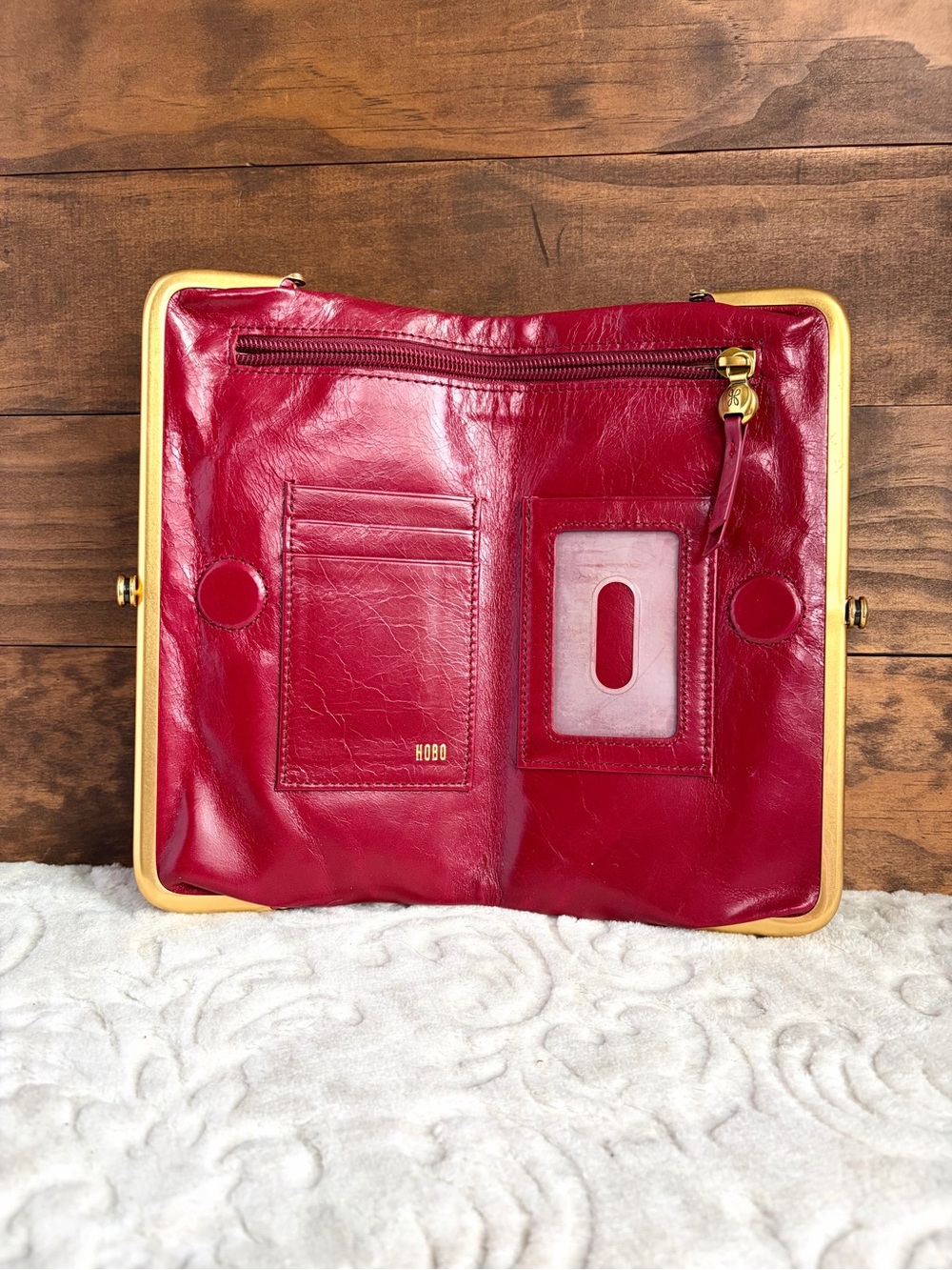 Htf HOBO Lauren Red Calf Hair Wallet Clutch Gold Metallic Kisslock Western Chic - Picture 4 of 16